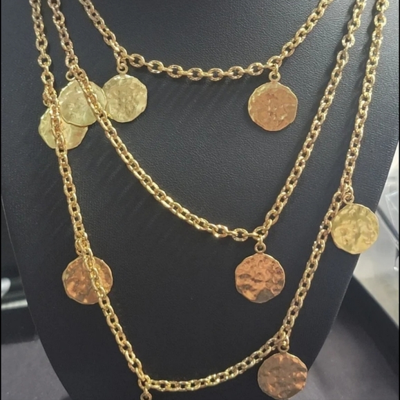 N167  3 Strand Polished Disc Station Charm Link Necklace - Picture 2 of 6